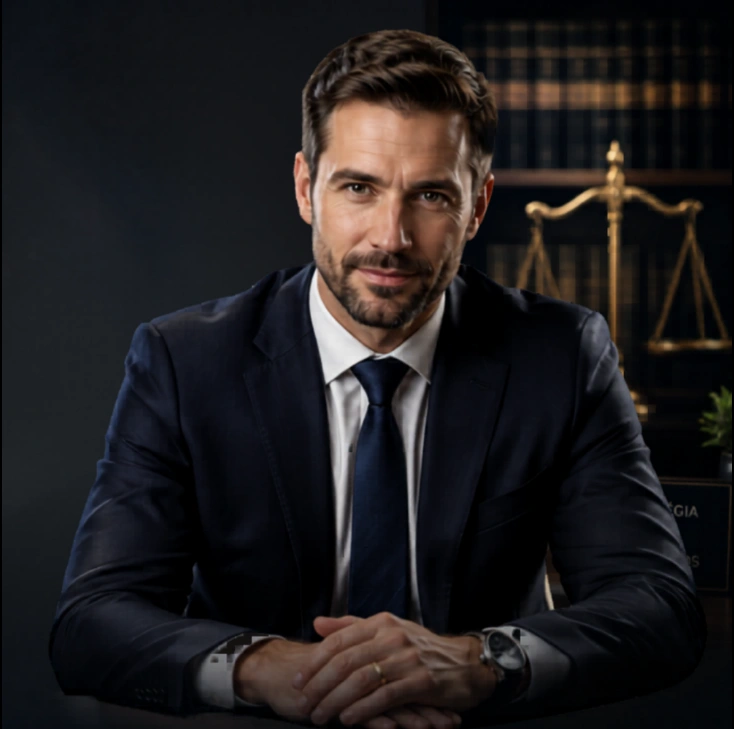 Alexandre, advogado, sentado em seu escritório